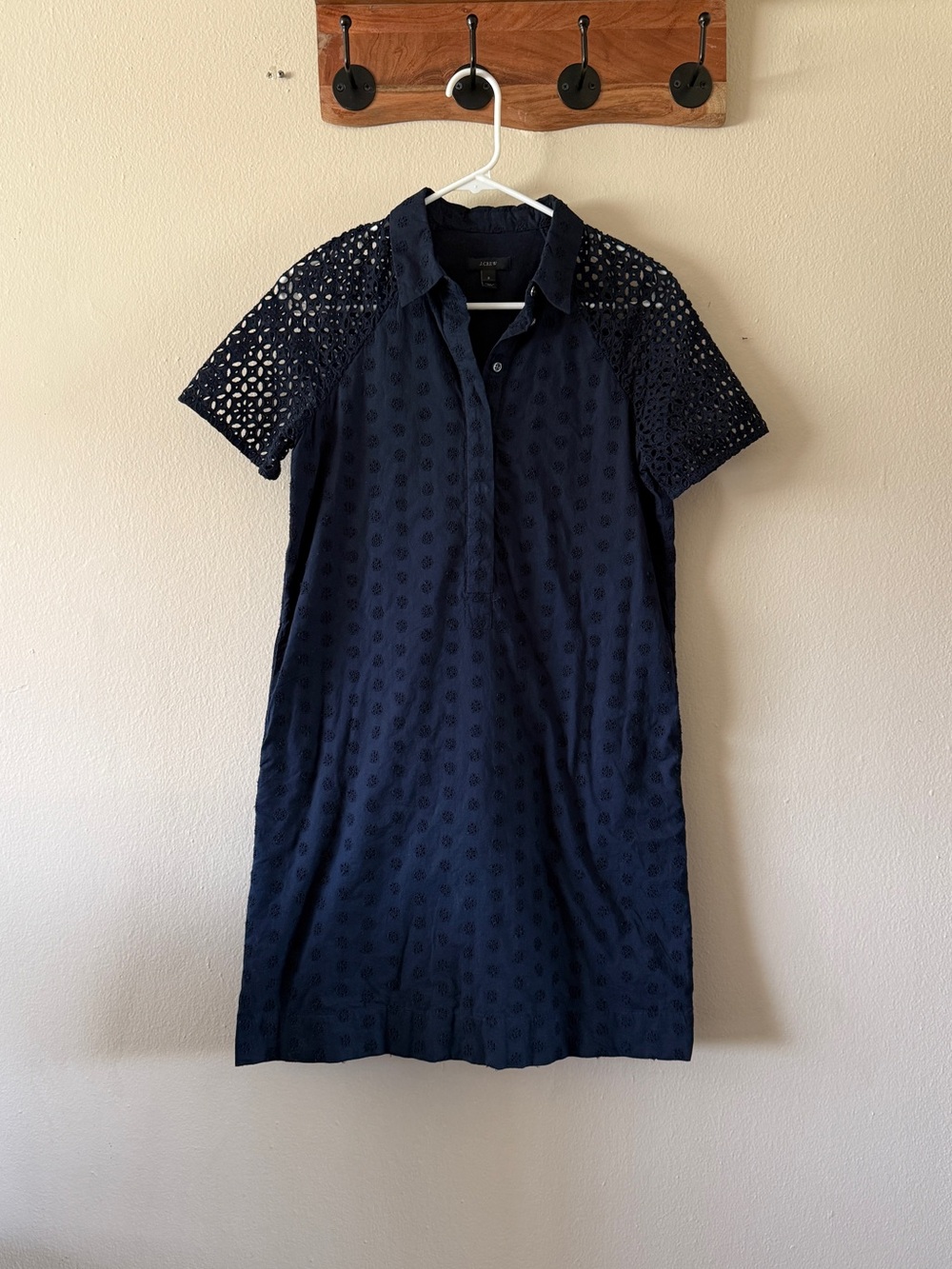 J. Crew Navy Blue 100% Cotton Eyelet Lace Short Sleeve Shift Shirt Dress Size 2